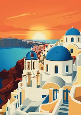 Santorini Sunset Illustration