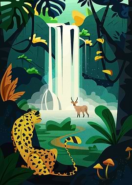 Jungle Waterfall with Leopard and Deer