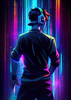Cyberpunk Anime Boy with Headphones