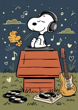 Snoopy and Woodstock Listening to Music