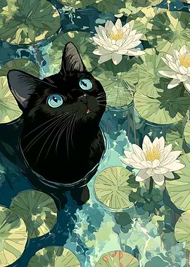 Black Cat in Lily Pond