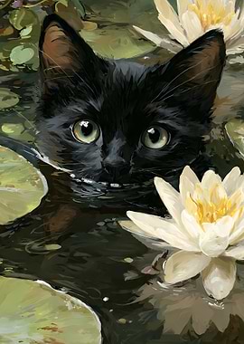 Black Cat in Lily Pond Painting