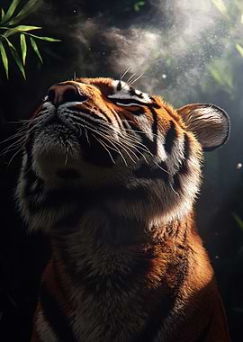 Tiger Looking Upward in Jungle