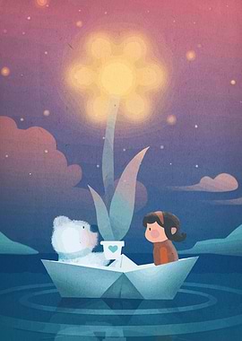 Girl, Bear, and Flower in Paper Boat