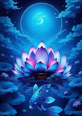 Blue Koi Fish and Lotus Flower