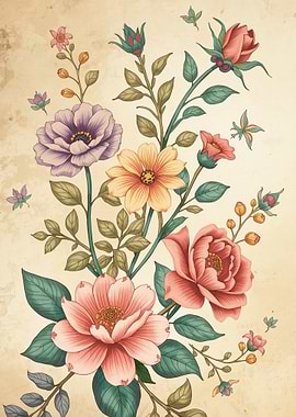 Vintage Floral Arrangement on Beige Background
