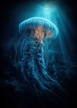 Glowing Jellyfish in Deep Blue Sea