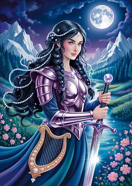 Fantasy Warrior Woman with Sword and Harp