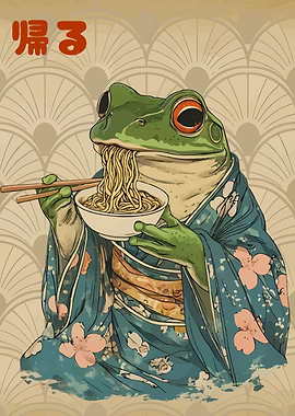 Frog in Kimono Eating Noodles