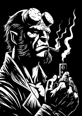Hellboy Smoking Black and White Art