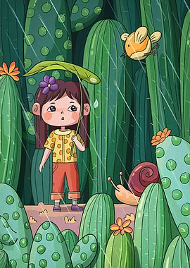 Girl in the Rain with Cacti