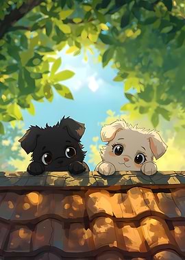 Two Puppies on a Roof
