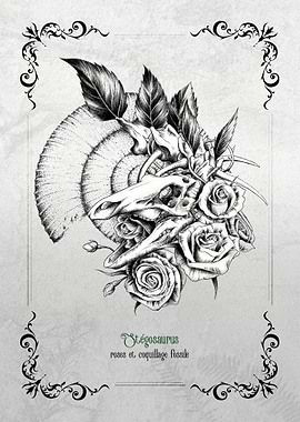 Stegosaurus Skull with Roses and Shell (french version)