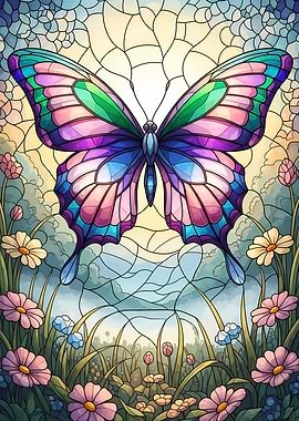 Stained Glass Butterfly in Floral Meadow