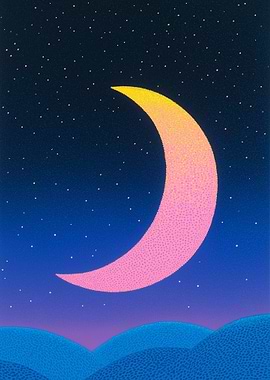 Crescent Moon Over Hills at Night