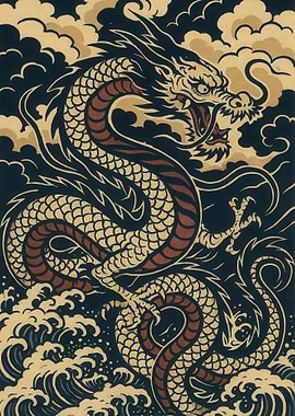 Dragon Shio in waves and clouds