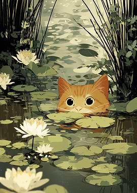 Cat in Lily Pond
