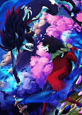 Anime Wolves Battle in Floral Setting