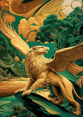 Golden Griffin in Emerald Landscape