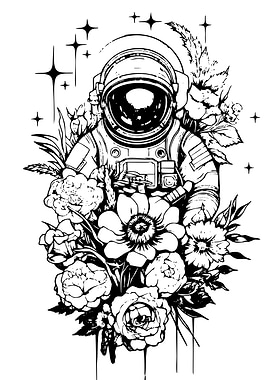 Astronaut in Flowers Black and White