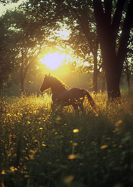 Horse in Golden Meadow at Sunset