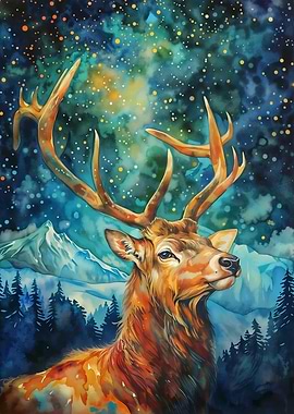 Watercolor Deer Under Starry Sky