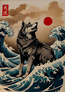 Wolf Howling in Ukiyo-e Style