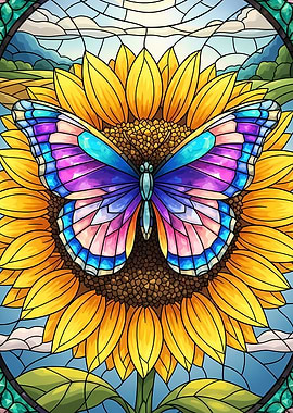 Butterfly on Sunflower Stained Glass Style