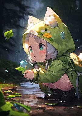 Anime Girl in Rain with Leaf