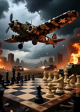Chessboard in War Zone with Airplane