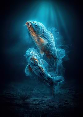 Two Koi Fish in Blue Water