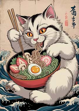 Cat eating ramen bowl illustration