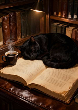 Black Cat Sleeping on Open Book