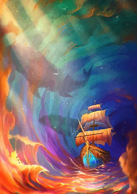 Ship in a Colorful Storm