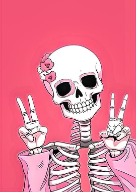 Pink Skeleton Peace Sign with Flowers