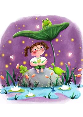 Girl with Frogs under Lily Pad
