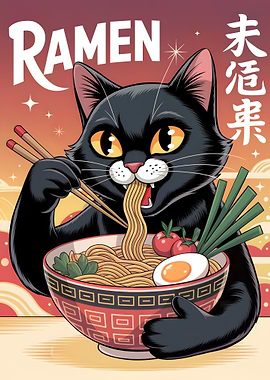 Cat Eating Ramen Illustration
