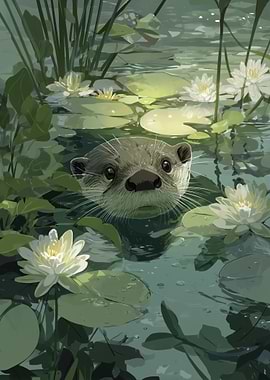 Otter in Water Lily Pond