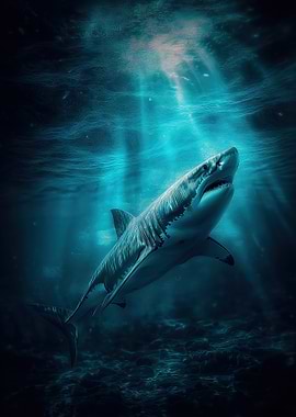 Great White Shark in Ocean Depths