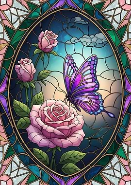 Stained Glass Butterfly and Roses