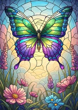Stained Glass Butterfly and Flowers
