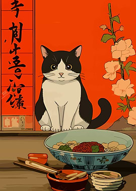 Cat with Noodles and Asian Calligraphy