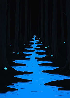 Glowing River Through Dark Forest