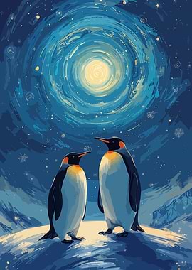 Penguins under a swirling starry sky