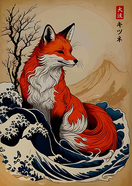 Fox and Waves Japanese Art