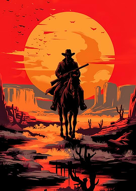 Cowboy on Horseback in Desert Landscape