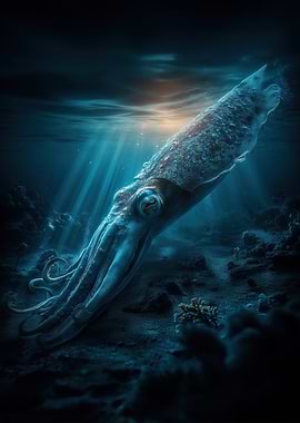 Underwater Squid in Deep Blue Sea