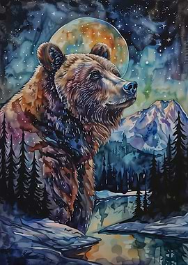 Watercolor Bear Under Moonlight