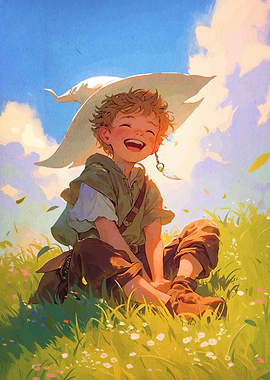 Smiling Boy in Meadow with Large Hat