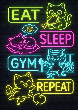 Eat Sleep Gym Repeat Neon Cats